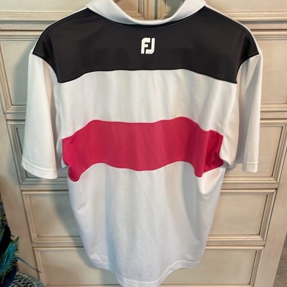 FootJoy Golf Polo Shirt med Men White Pink Blue Stripe Poly Colorblock polo - Picture 5 of 7